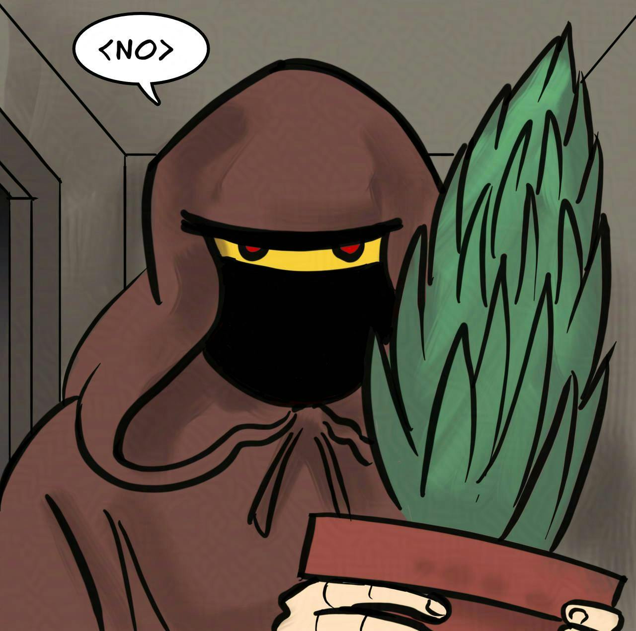 Panel 5:
The monk looks back at her. He has red eyes in what looks like a yellow face mask.
Monk: <NO>