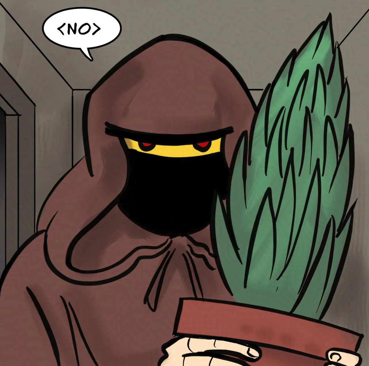 Panel 5:
The monk looks back at her. He has red eyes in what looks like a yellow face mask.
Monk: <NO>