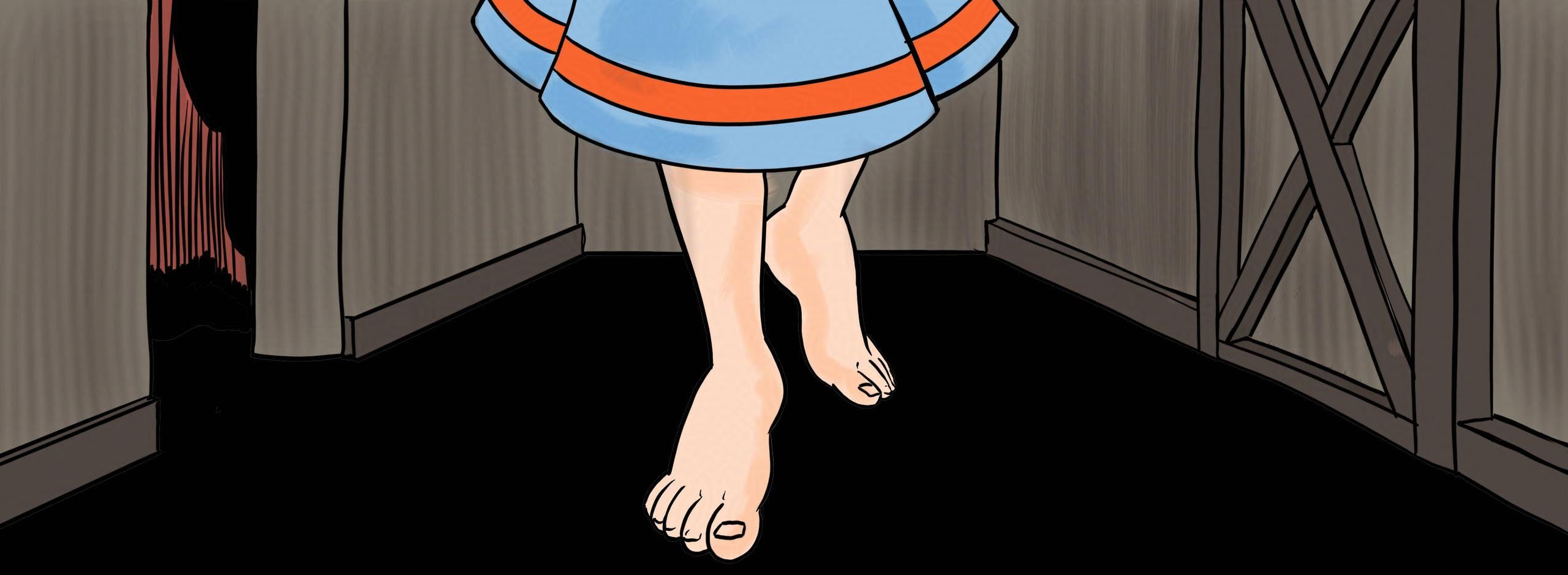 Panel 1:
Krakatoa is walking the corridors of the monastery, barefoot.