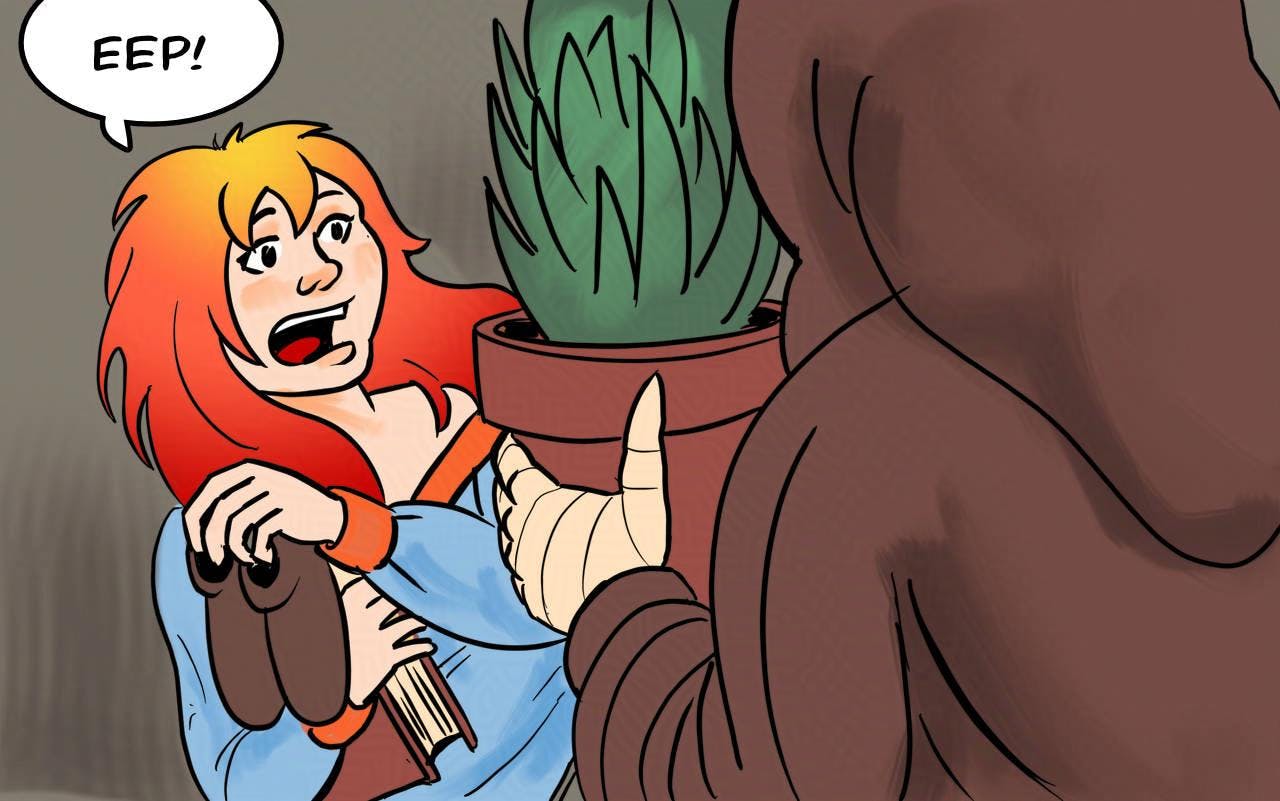Panel 3:
Krakatoa is startled by the figure of a monk carrying a potted plant.
Krakatoa: EEP!