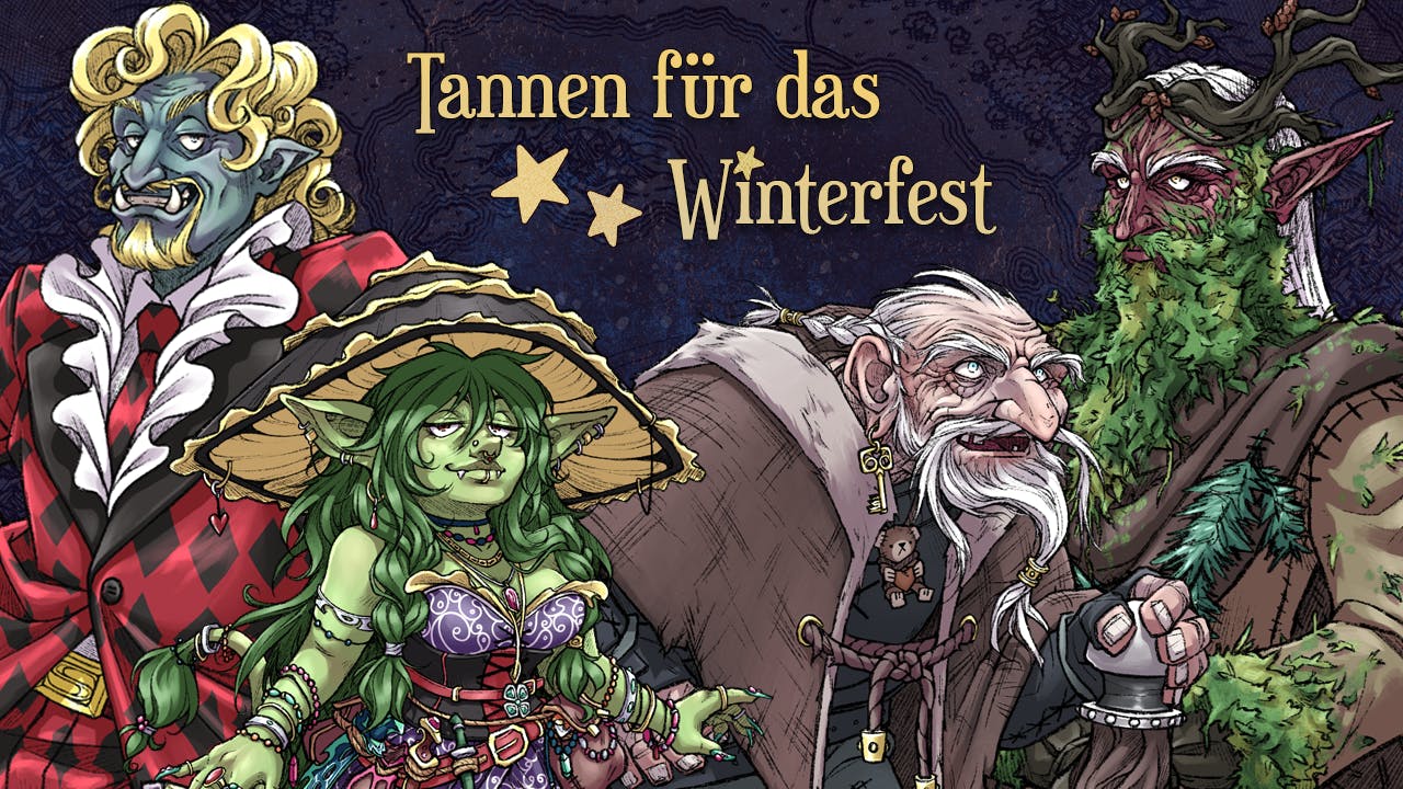 Ein Mann mit gräulicher Haut und güldenen Locken in einem pompösen Smoking, daneben Eine Goblinfrau in auffälligen Gewändern, ein alter, senil wirkender Greis und ein knochiger, drahtiger Elf in druidischen Gewändern.