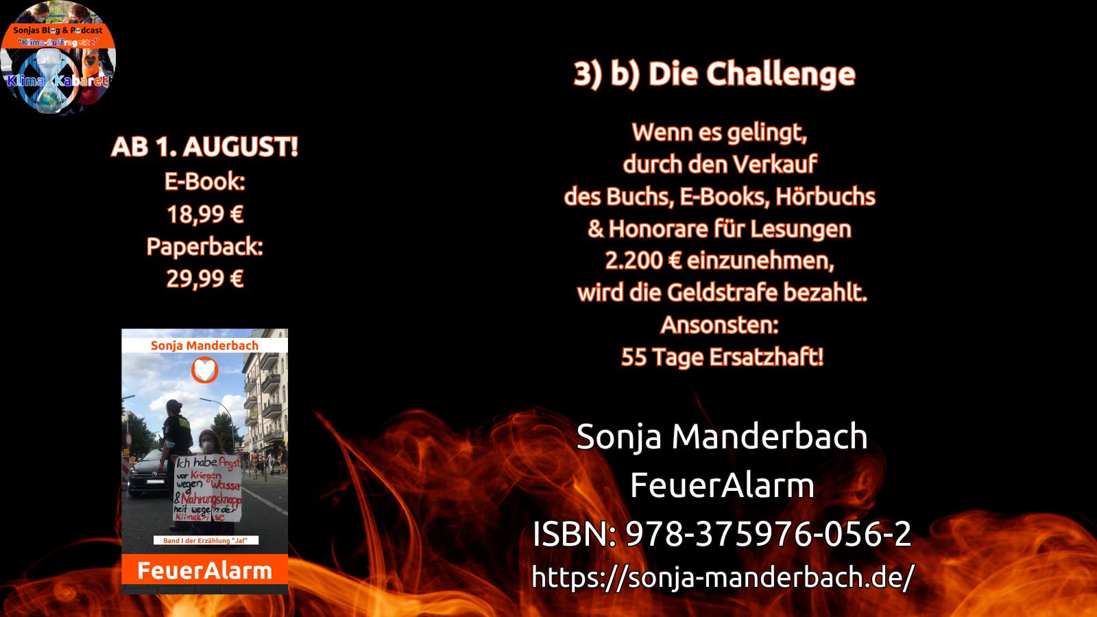 Die Challenge: Wenn es gelingt, durch den Verkauf des Buchs, E-Books und Hörbuchs - (ist noch in Arbeit) - und Honorare für Lesungen 2.200 € einzunehmen, wird die Geldstrafe bezahlt. Ansonsten: 55 Tage Ersatzhaft.