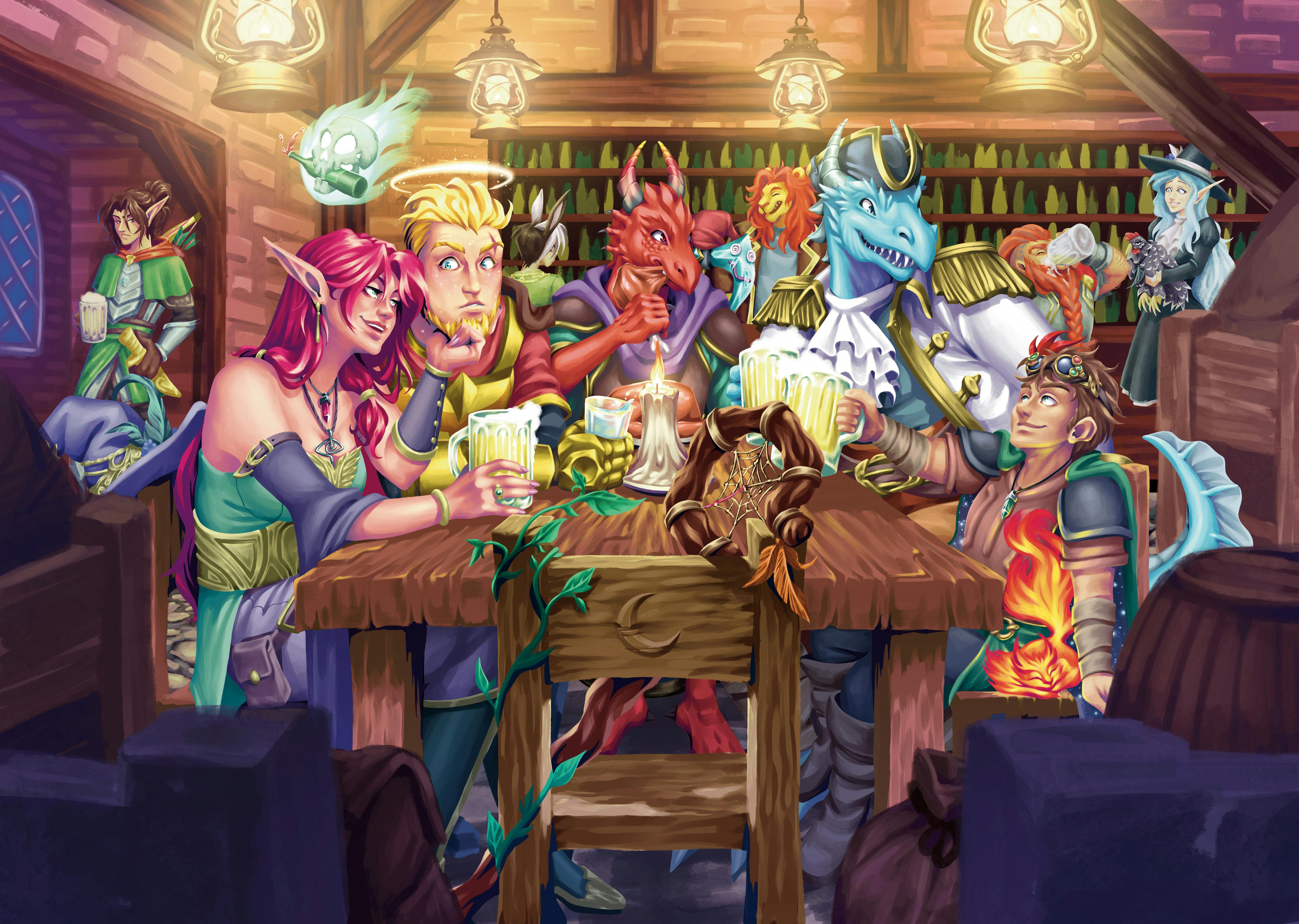 Man sieht die Helden an einem Tisch in einer Taverne sitzen. Auch Noah, Gynther, Daucus, Dreykir, Kildrak und Caoimhe sind mit drauf.