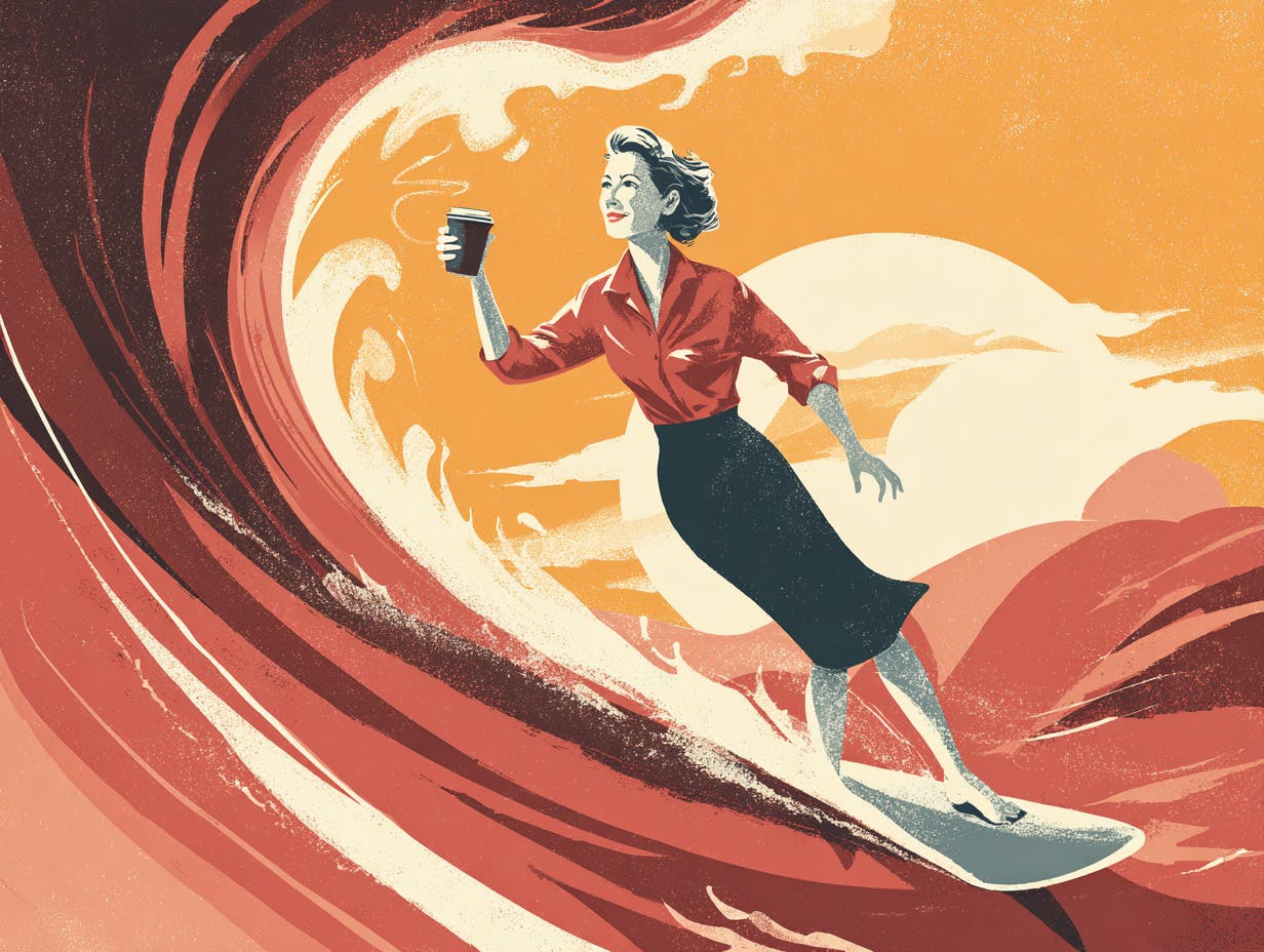 Eine Frau mit Kaffeetasse auf einem Surfbrett