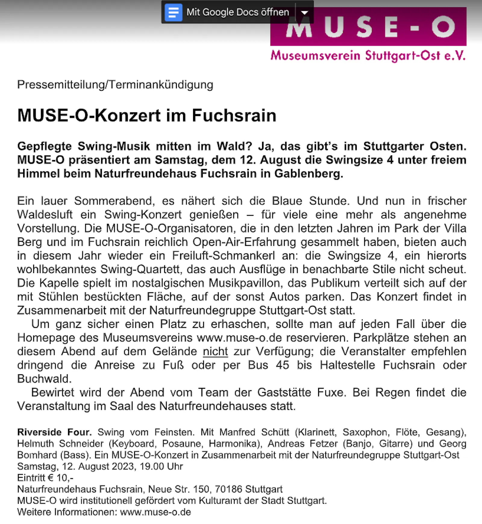 Pressemitteilung des Muse-O e.V. zum Swing-Konzert am Samstag beim Naturfreundehaus Fuchsrain in Gablenberg.