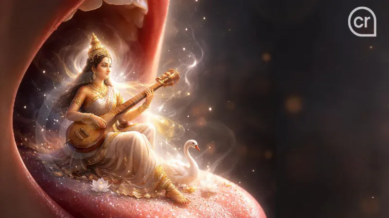 Uranus Zwillinge - die Kraft & Schönheit der Sprache (wieder) entdecken | Göttin Saraswati musiziert auf der Zunge eines Menschen | Bild ist KI-generiert