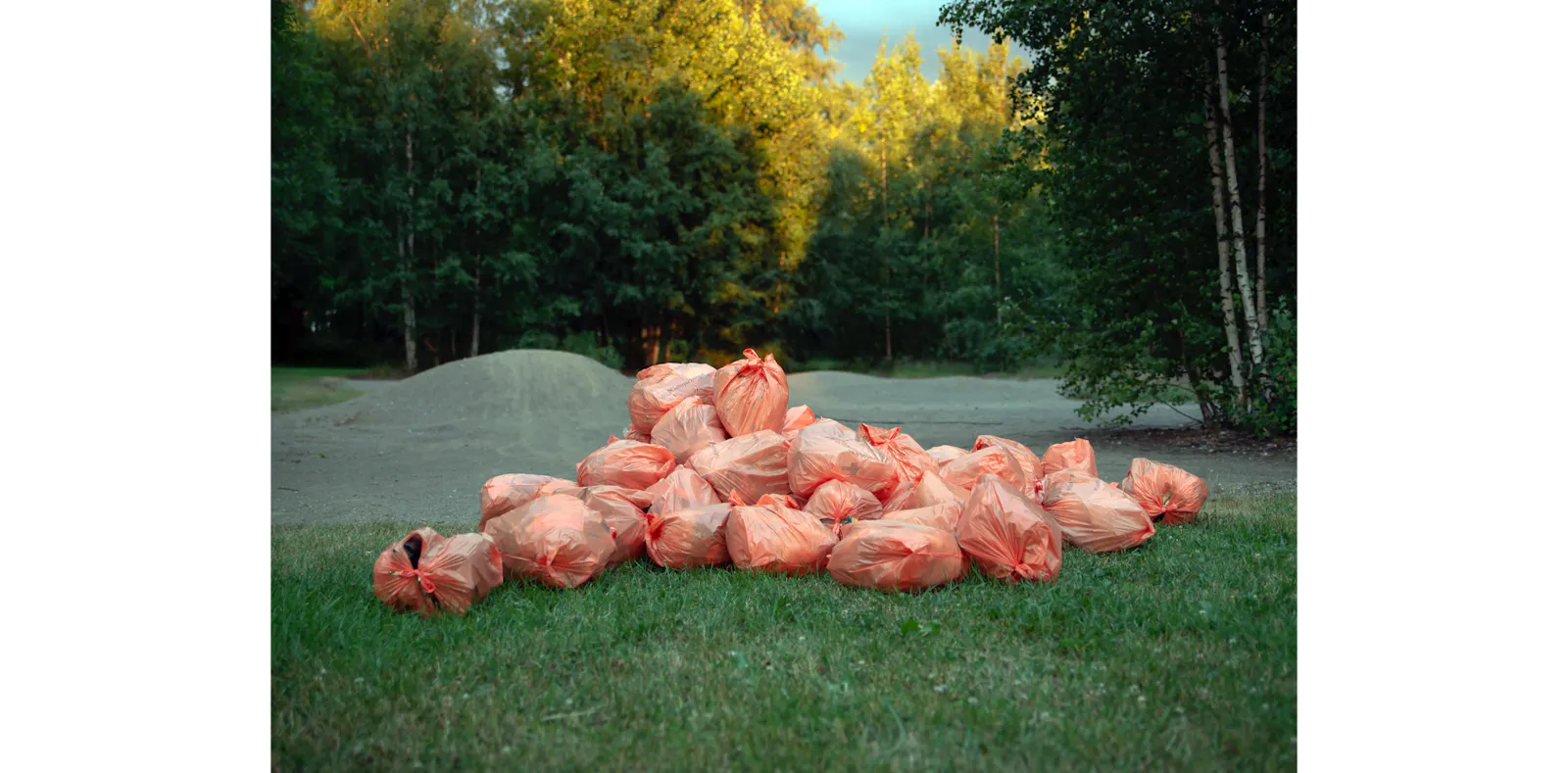 Das Foto zeigt eine grüne Landschaft, mitten drin ein Haufen orangener Müllsäcke aus Plastik.