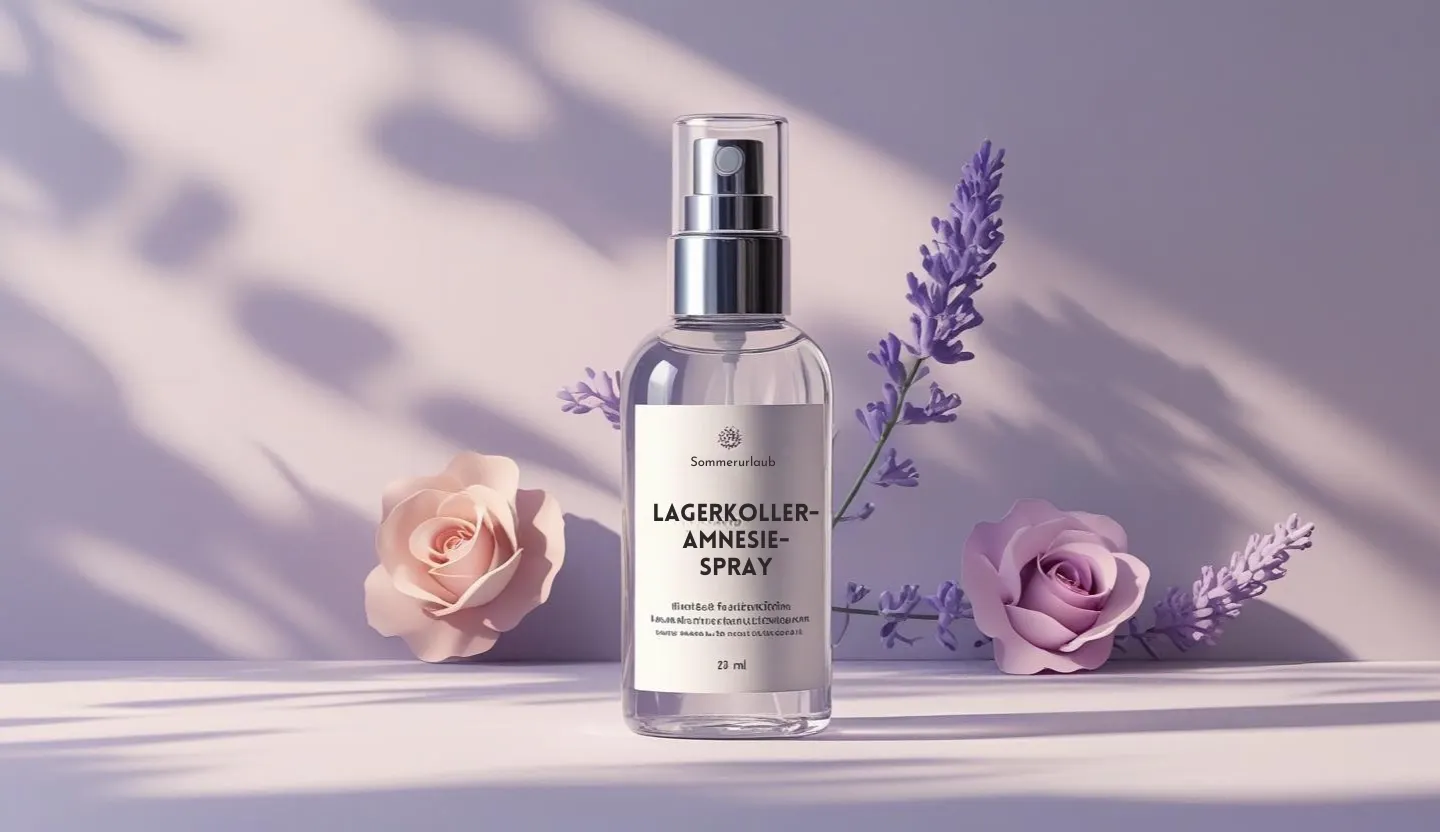 Vor einem pastellfarbenen mit floralen Hintergrund steht eine exklusiv aussehende Sprayflasche mit der Aufschrift Lagerkoller-Amnesie-Spray