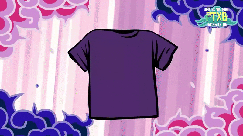 GIF aus dem Partyspiel Tee K.O. von Jackbox. Ein lila Shirt mit einem Pentagramm und dem Text „Norgovius war’s!“ tritt gegen ein schwarzes Shirt mit Schlammle darauf und dem Text „Bist du öfters hier?“ an.