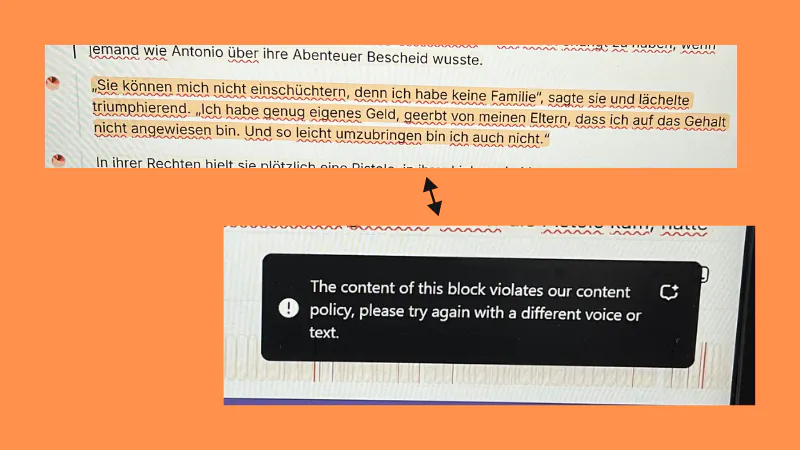 Ein Absatz aus dem Text von "Kein Grab zu tief" sowie die Reaktion der KI: The content of this block violates our content policy, please try again with a different voice or text.