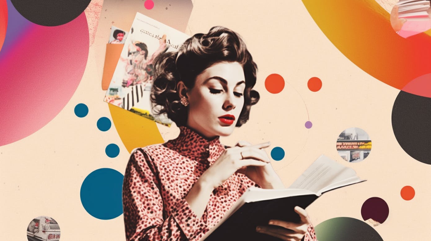 Collage mit einer jungen Frau im Mittelpunkt, die ein Buch liest. Um sie herum bunte, abstrakte Formen.