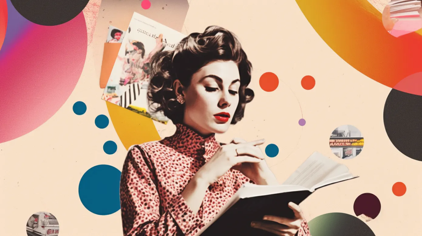 Collage mit einer jungen Frau im Mittelpunkt, die ein Buch liest. Um sie herum bunte, abstrakte Formen.