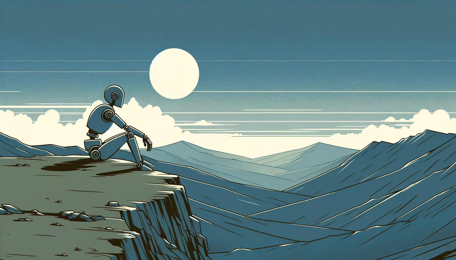 a drawing of a robot sitting on the edge of a cliff, looking into the valley