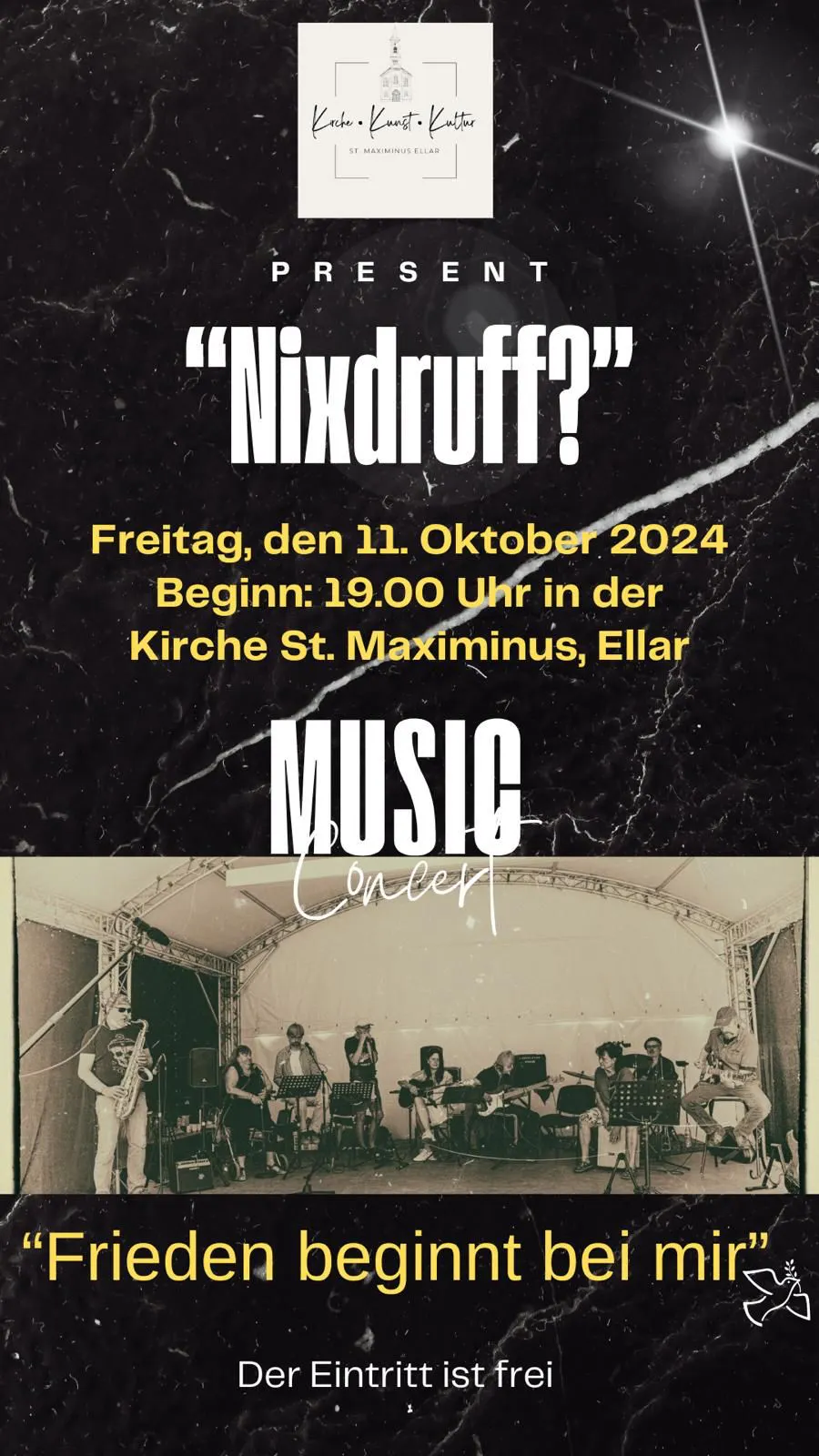 Dies ist ein Plakat mit Band und viel Text für den Auftritt von Nixdruff? in Ellar