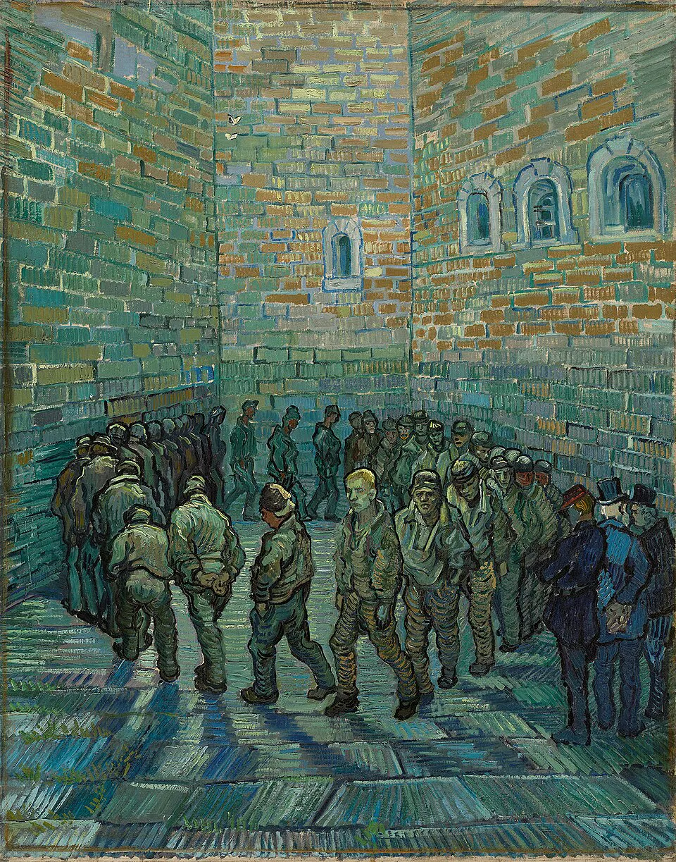 Ein Ölgemälde von van Gogh. In einem engen Gefängnishof geht eine Gruppe von gefangenen Männern im Kreis, bewacht von Wärtern. Dieses Bild hat mich zu folgendem Text inspiriert.