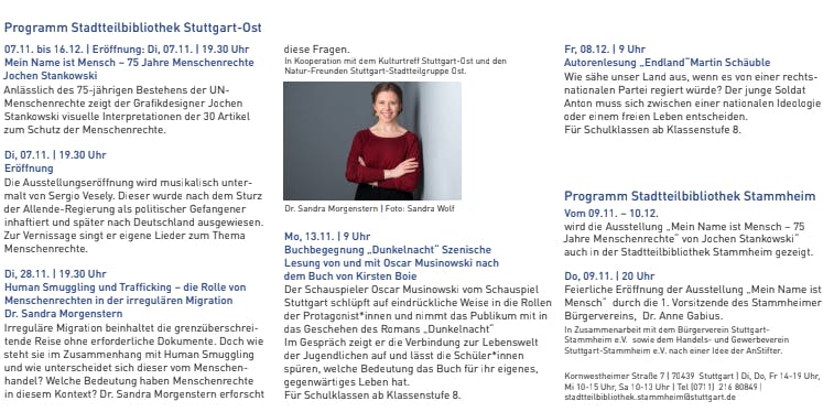 Programm zur Ausstellung "75 Jahre Menschenrechte" in der Stadtteilbibliothek Stuttgart-Ost