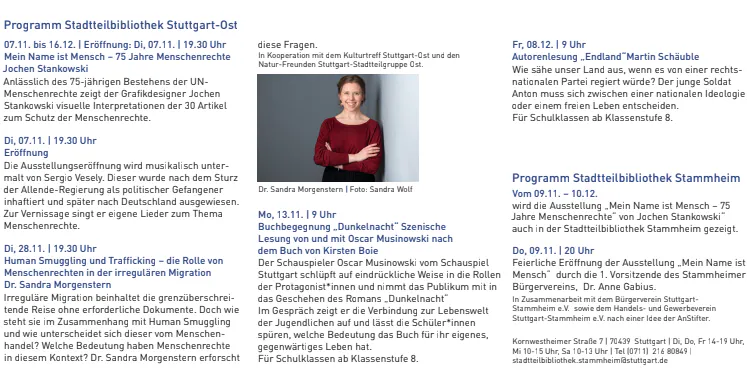Programm zur Ausstellung "75 Jahre Menschenrechte" in der Stadtteilbibliothek Stuttgart-Ost