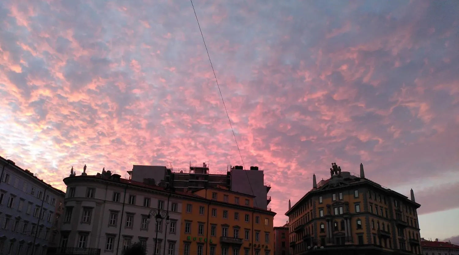 Rot-blauer Abendhimmel über Wohnhäusern.