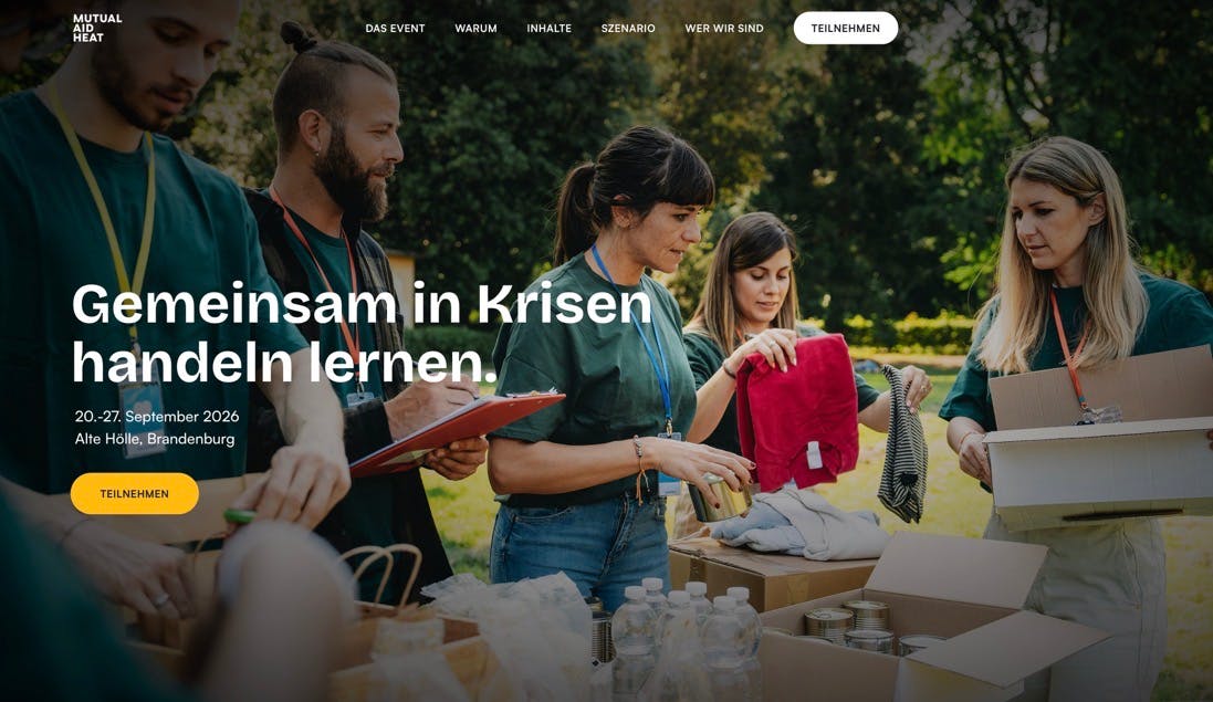 Screenshot der Mutual Aid HEAT Website: "Gemeinsam in Krisen handeln lernen. 20. - 27. September 2026, Alte Hölle, Brandenburg."