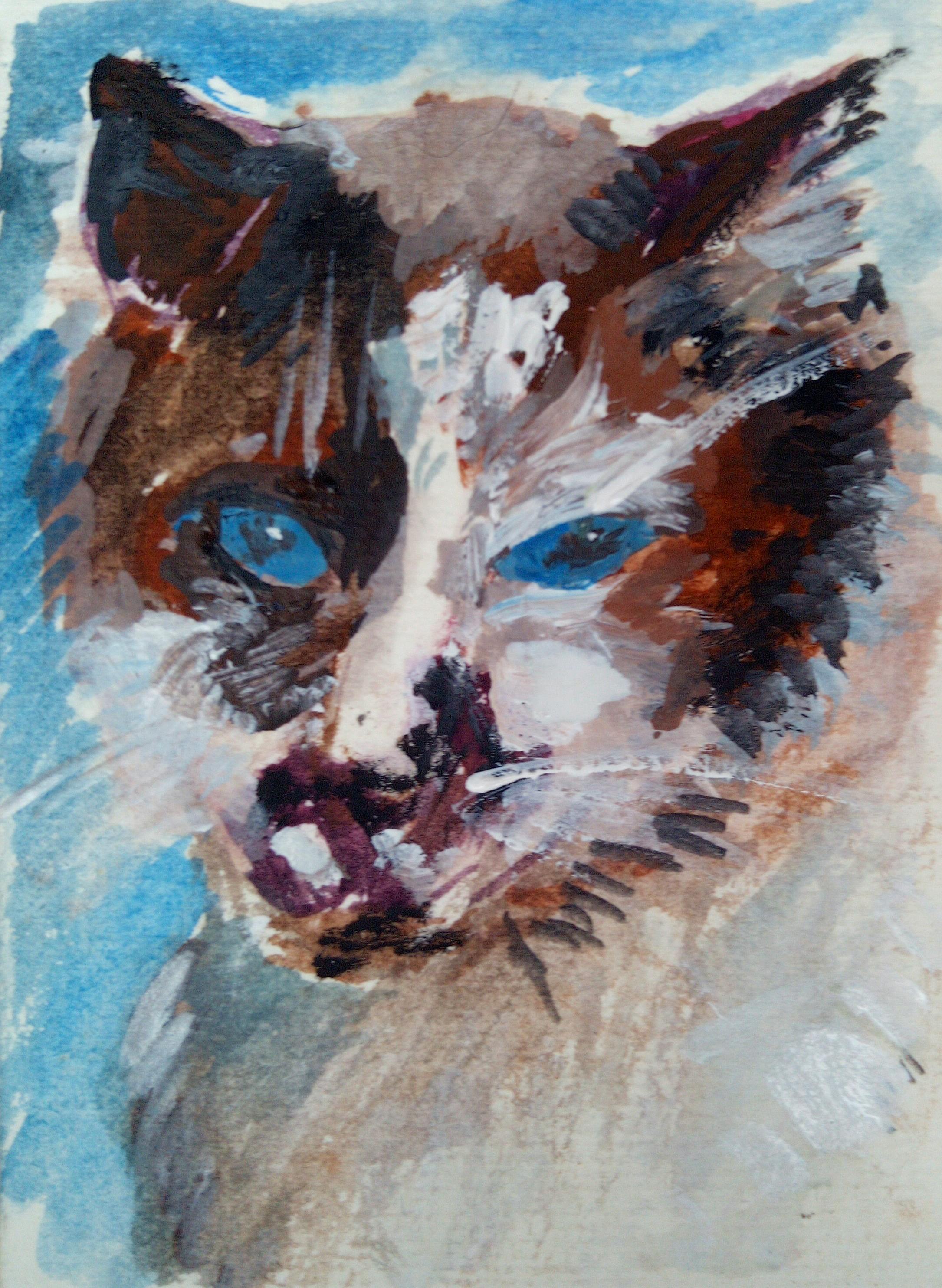 Gouache painting of a brown and white cat's face. She has blue eyes.