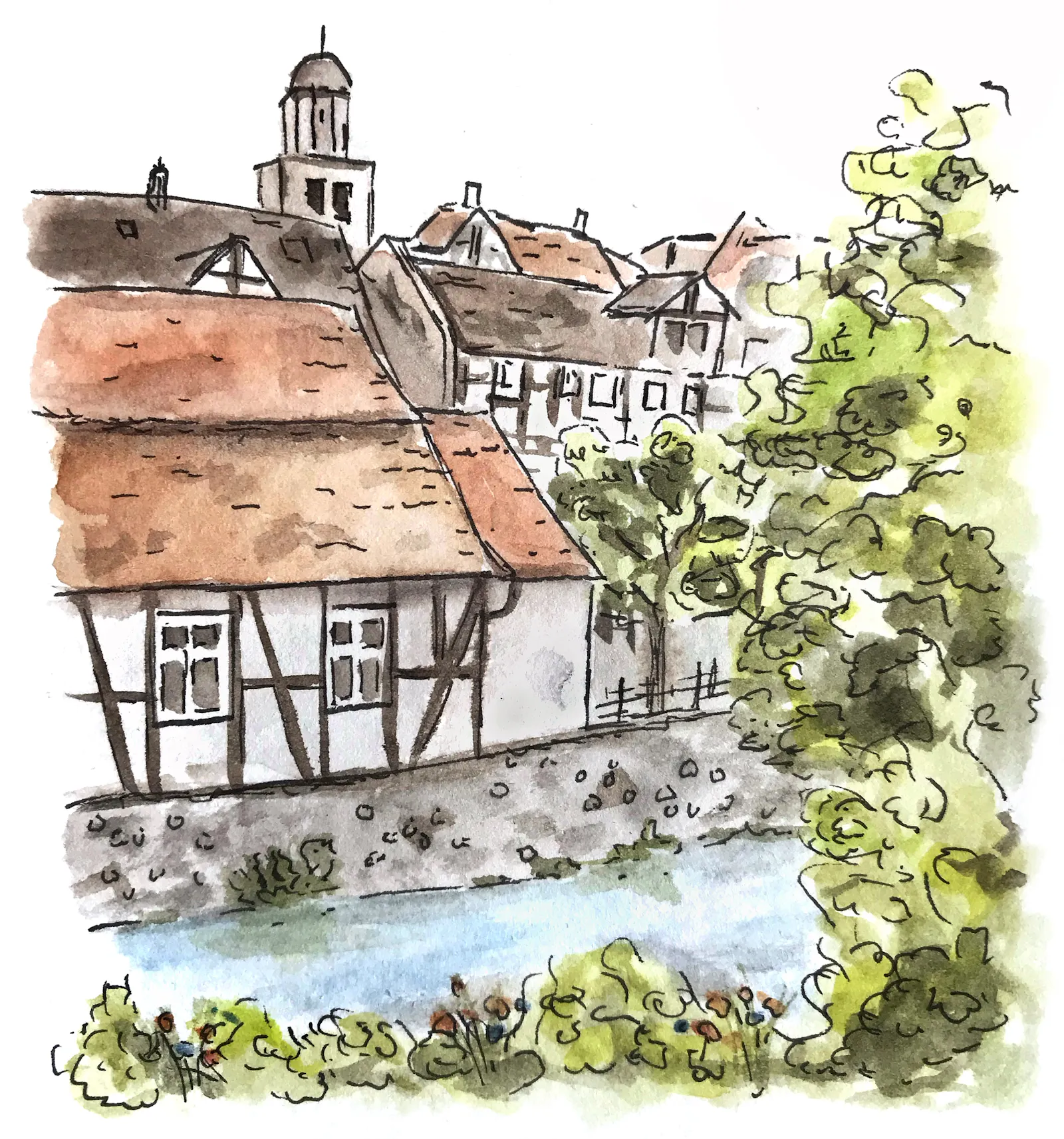 Eine Aquarellzeichnung von Lauterbach. Fluss, Fachwerkhäuser, Bäume, Kirchturm