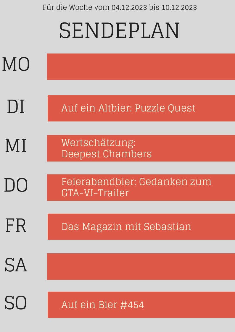 Plan bis 10.12.23

DI Altbier Puzzle Quest
MI Wertschätzung Deepest Chambers
DO Feierabendbier zum GTA-Trailer
FR Magazin
SO Auf ein Bier #454