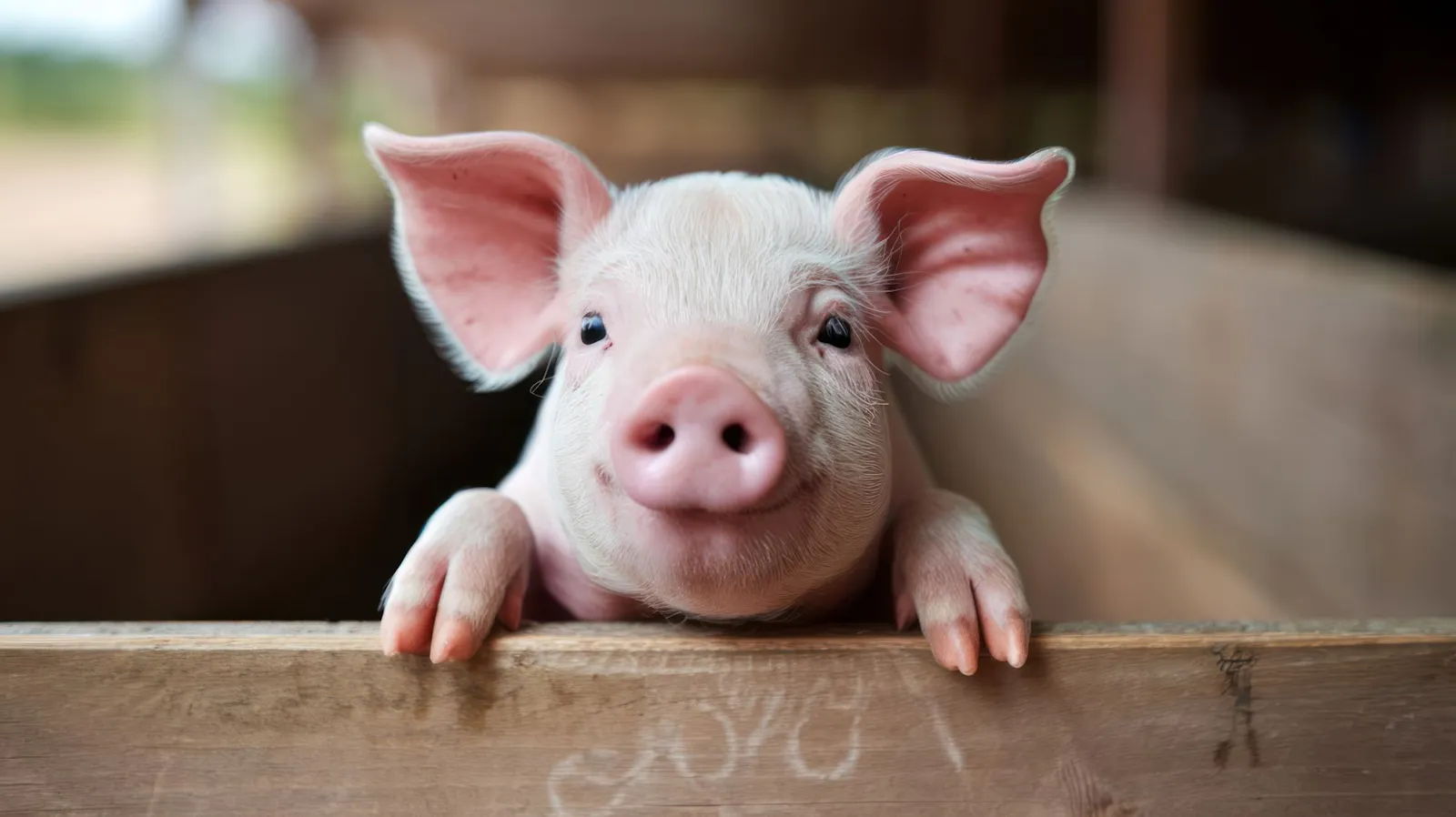 Ein Ferkel schaut über einen Zaun.