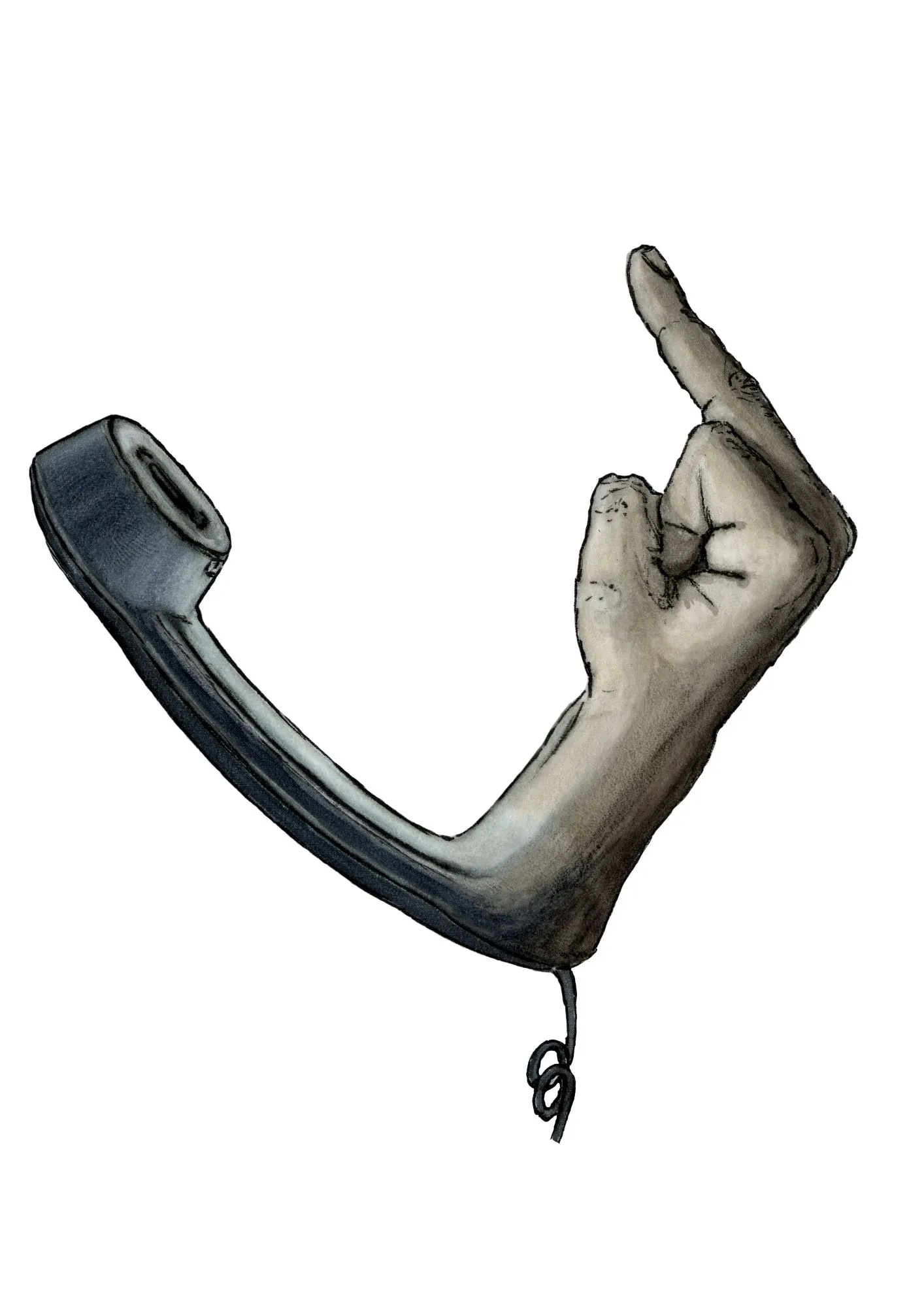 Die Zeichnung eines etwas altertümlichen Telefonhörers. Aus dem Mundstück ragt eine Hand heraus und zeigt den Mittelfinger.