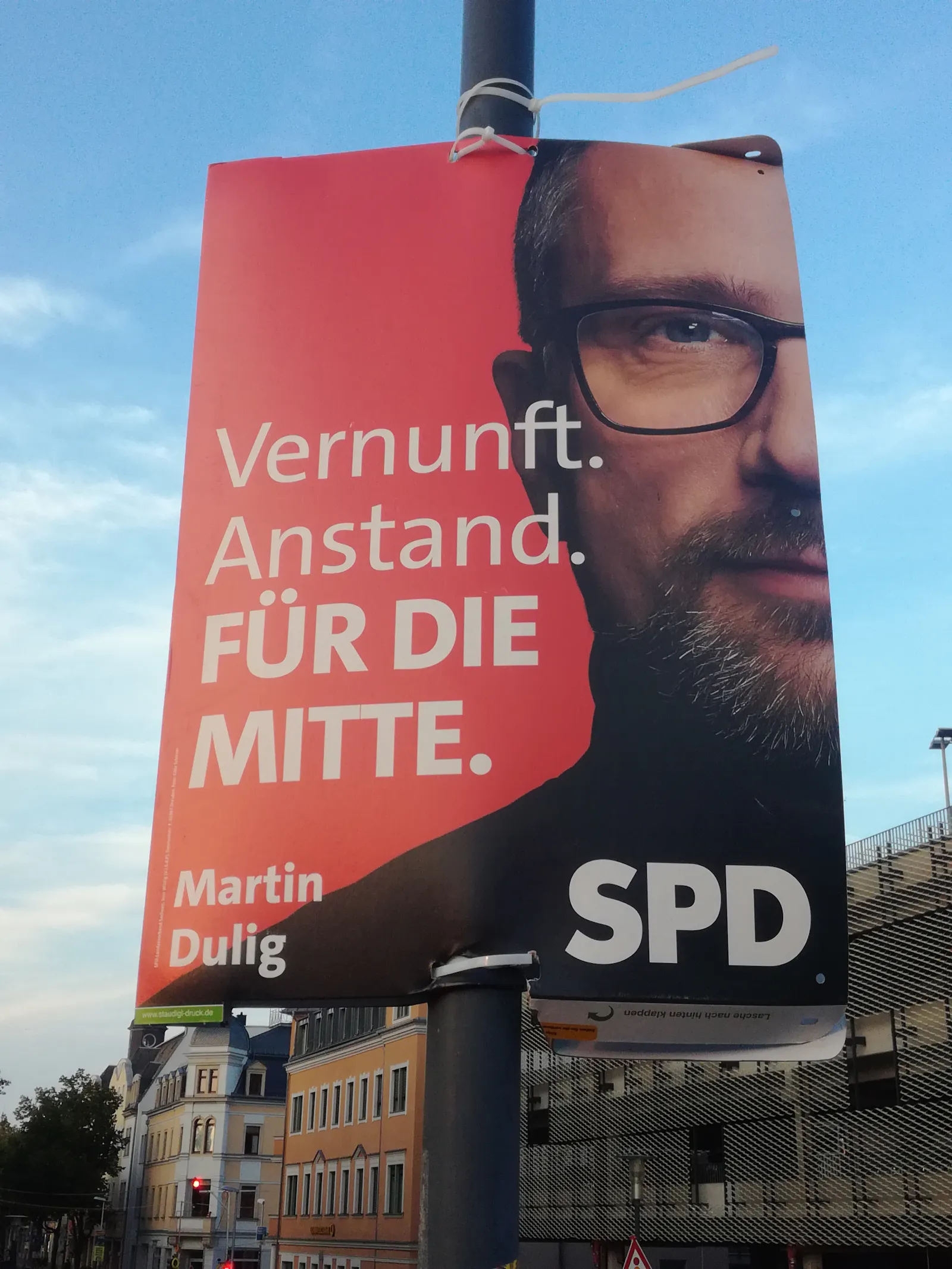 Plakat Martin Dulig. "Vernunft, Anstand. Für die Mitte"
