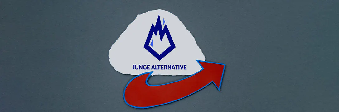 Das Logo der "Jungen Alternative" einfarbigem Hintergrund.
Darunter ist der rote AfD-Pfeil.