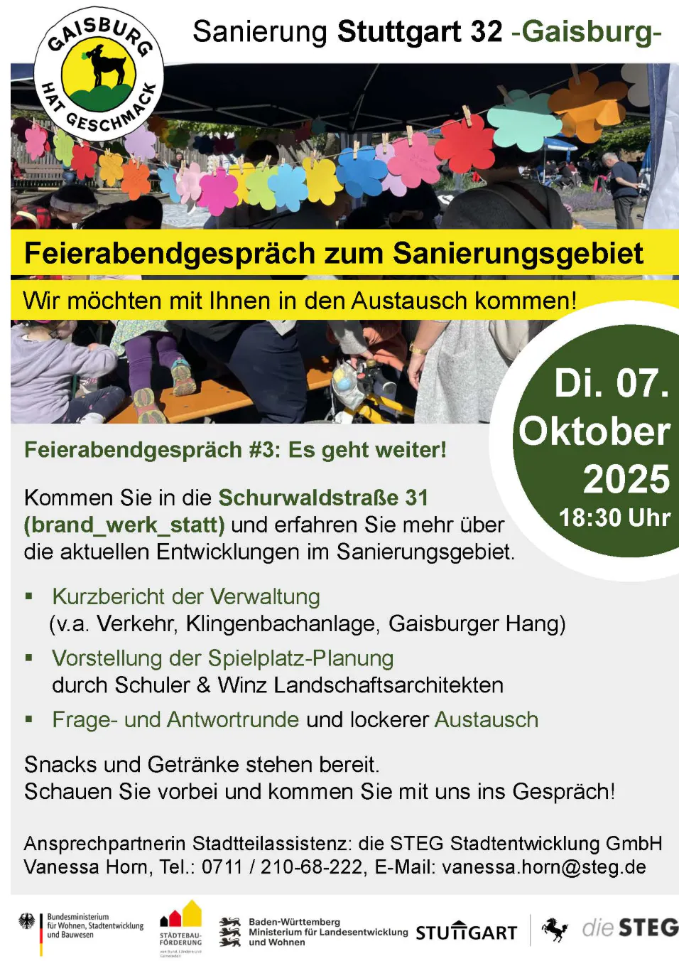 Einladung zum Feierabendgespräch im Sanierungsgebiet Gaisburg am Dienstag, 7. Oktober, 18:30 Uhr. Ort: Schurwaldstraße 31.
