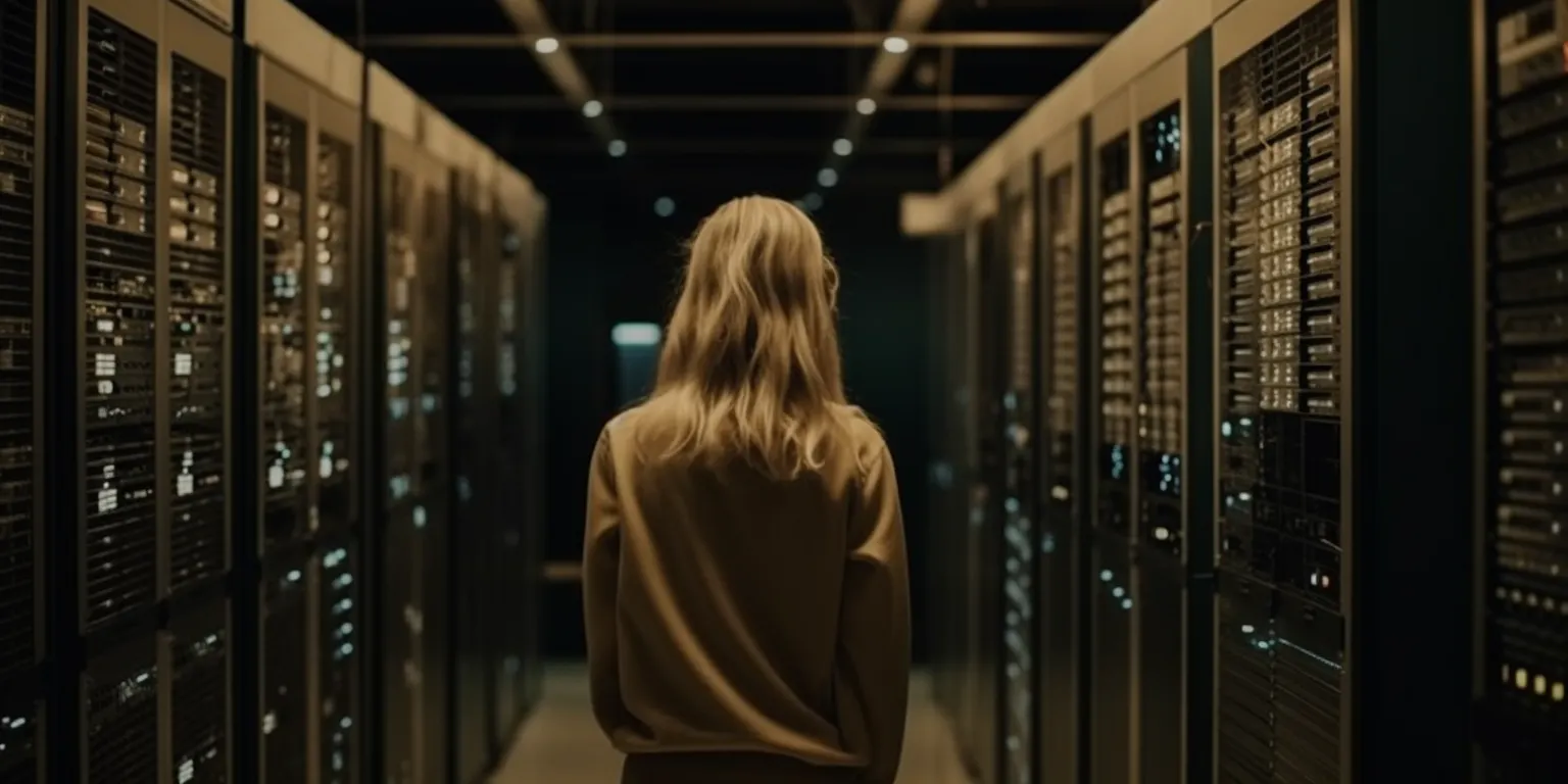 Eine blonde Frau ist von hinten stehend in einem Server-Raum zu sehen. (AI-generated)