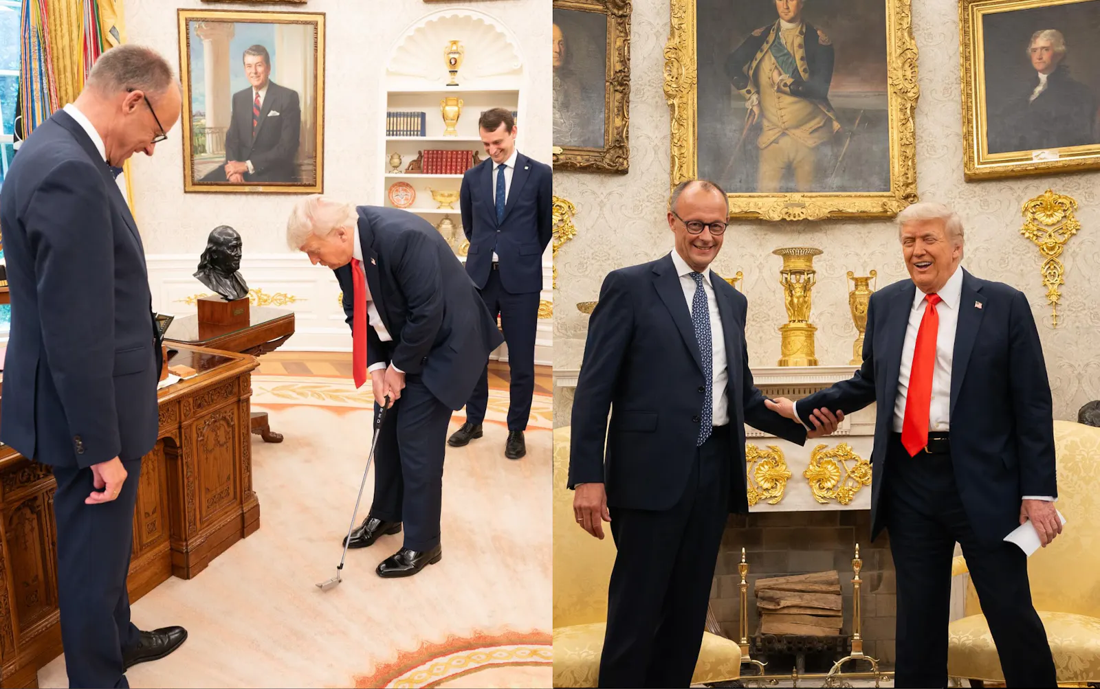 Zwei Bilder von Donald Trump und Friedrich Merz im Oval Office des Weißen Hauses. Trump spielt Golf auf dem einen Bild, auf dem anderen greifen sie sich freundschaftlich an den Arm. Es herrscht heitere, gelassene Stimmung zwischen ihnen.