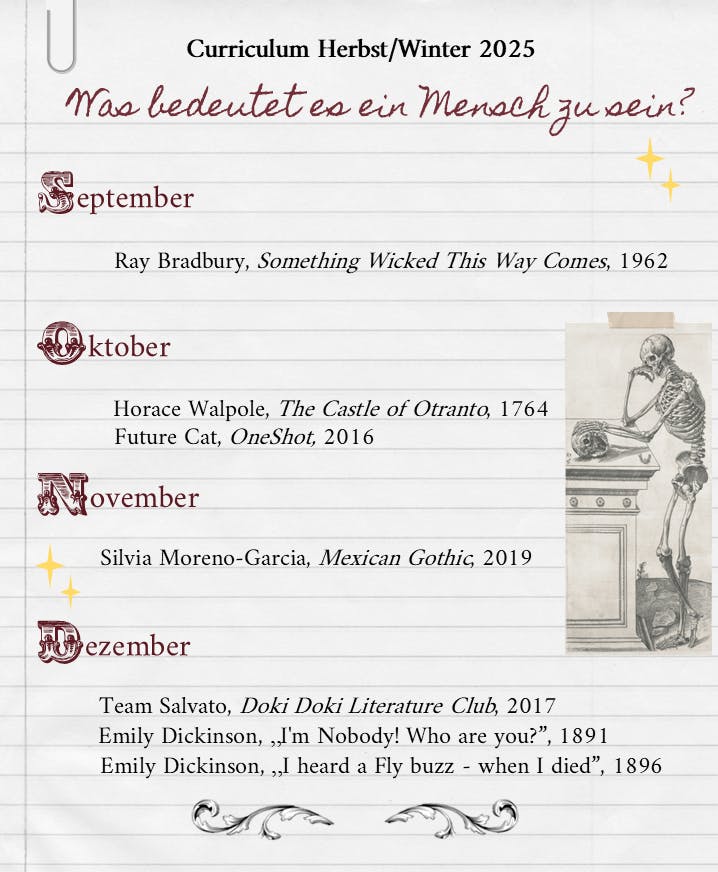 Curriculum Herbst Winter 2025. Was bedeutet es ein mensch zu sein? September: Ray Bradbury, Something Wicked this way comes, 1962. oktober: Horace Walpole, The Castle of Otranto, 1764, Future Cat, OneShot, 2016. November: Silvia Moreno-Garcia, Mexican Gothic, 2019. Dezember: Team Salvato, Doki Doki Literature Club, 2017, Emily Dickinson, „I'm Nobody! Who are you?”, 1891, Emily Dickinson, „I heard a Fly buzz - when I died”, 1896