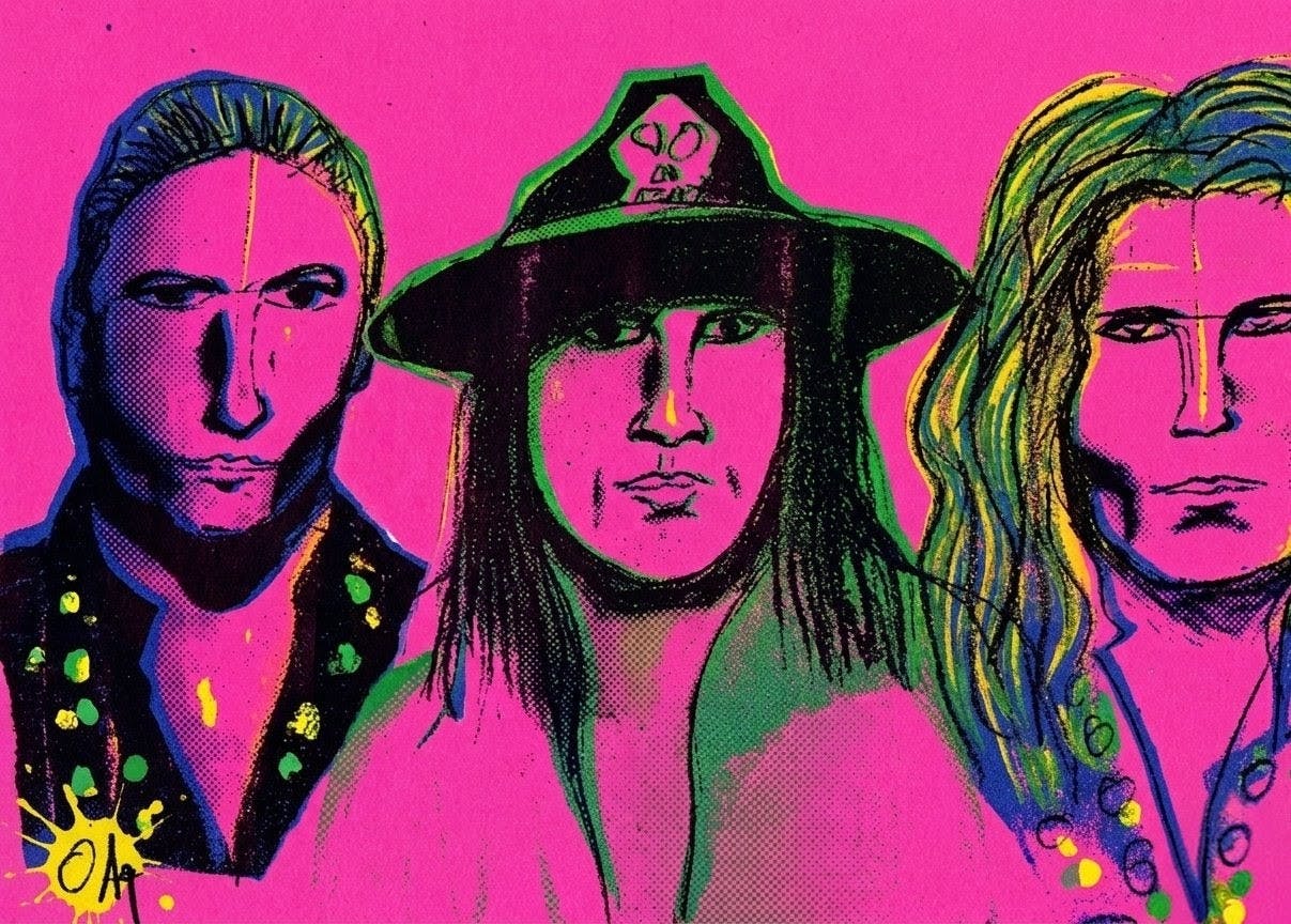 Ritratto pop art dei The Cult (Curry, Astbury, Duffy) con tinte fuxia, blu e giallo, stile serigrafia anni '60.