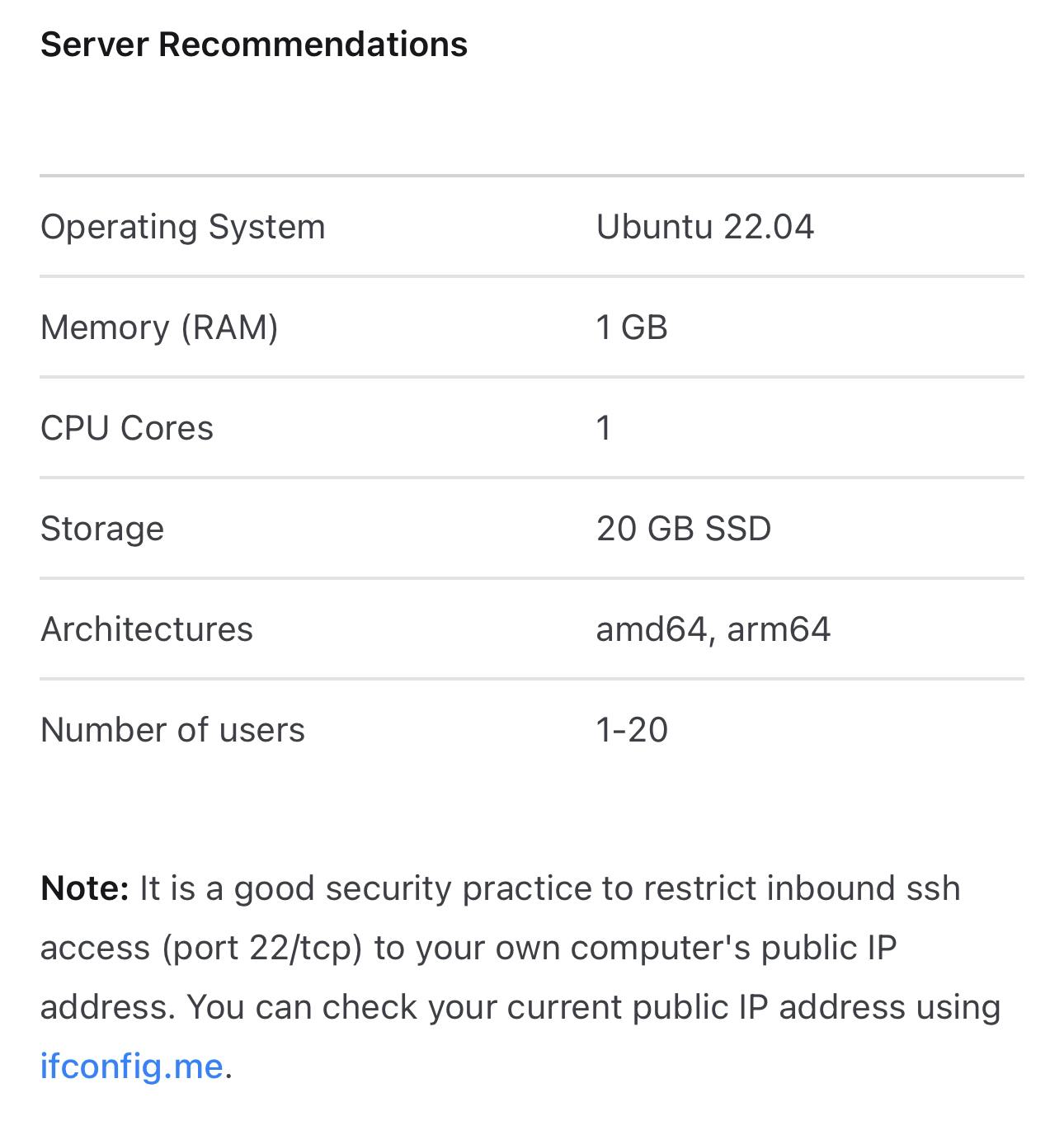 Server Recommendations
Operating System
Ubuntu 22.04
Memory (RAM)
1 GB
CPU Cores
1
Storage
20 GB SSD
Architectures
amd64, arm64
Number of users
1-20 Note: It is a good security practice to restrict inbound ssh access (port 22/tcp) to your own computer's public IP address. You can check your current public IP address using
ifconfig.me.