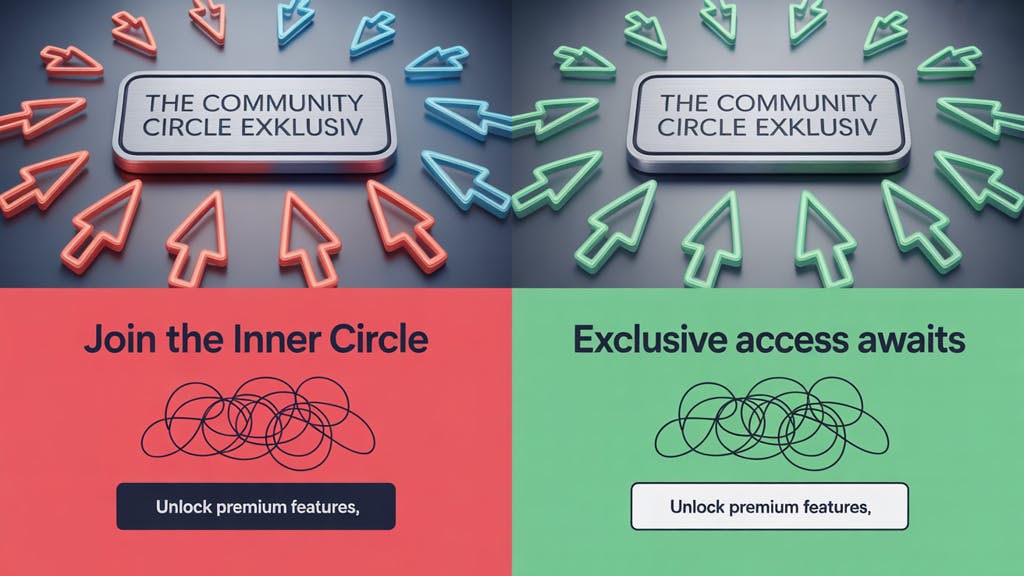A/B-Testing und Conversion-Optimierung für Affiliates. Zwei Landingpages im Vergleich mit Klick-Icons. The Community Circle Exklusiv-Inhalt.