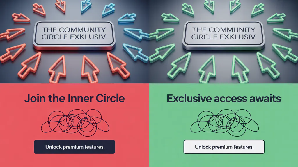 A/B-Testing und Conversion-Optimierung für Affiliates. Zwei Landingpages im Vergleich mit Klick-Icons. The Community Circle Exklusiv-Inhalt.