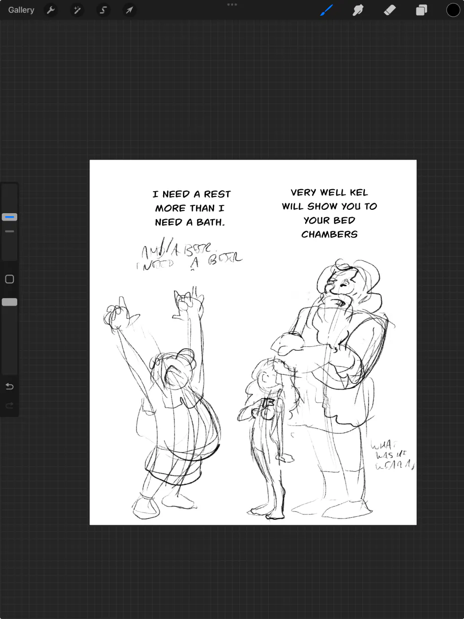 Tamlin, yawning, saying he needs a nap. The Green Knight responding that Kel will show him his bedchambers, and Kel standing cheerfully in between them.