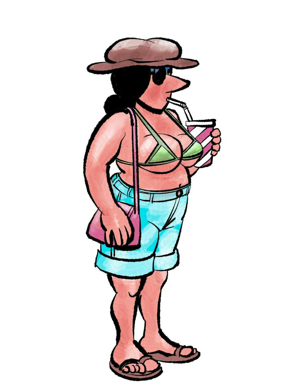 Gertrude in shorts and an ill-fitting bikini top, drinking a milkshake.