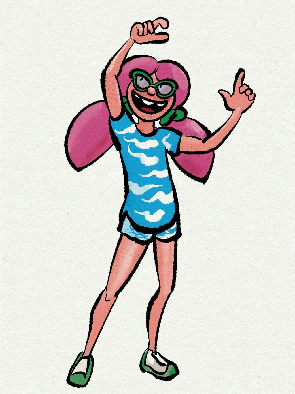 Caroline in a comfortable summer outfit with shorts and a loose-fitting T-shirt.