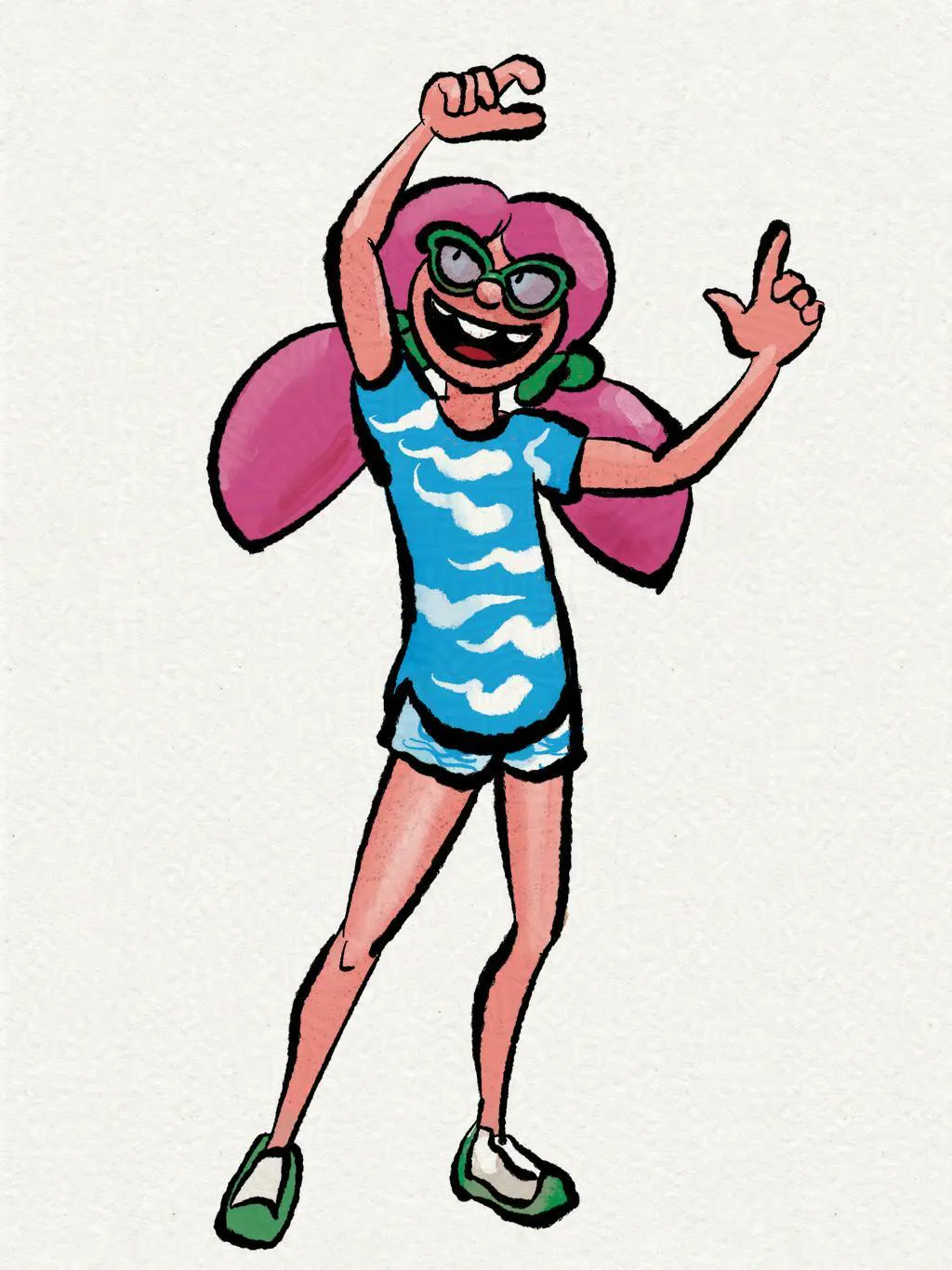 Caroline in a comfortable summer outfit with shorts and a loose-fitting T-shirt.