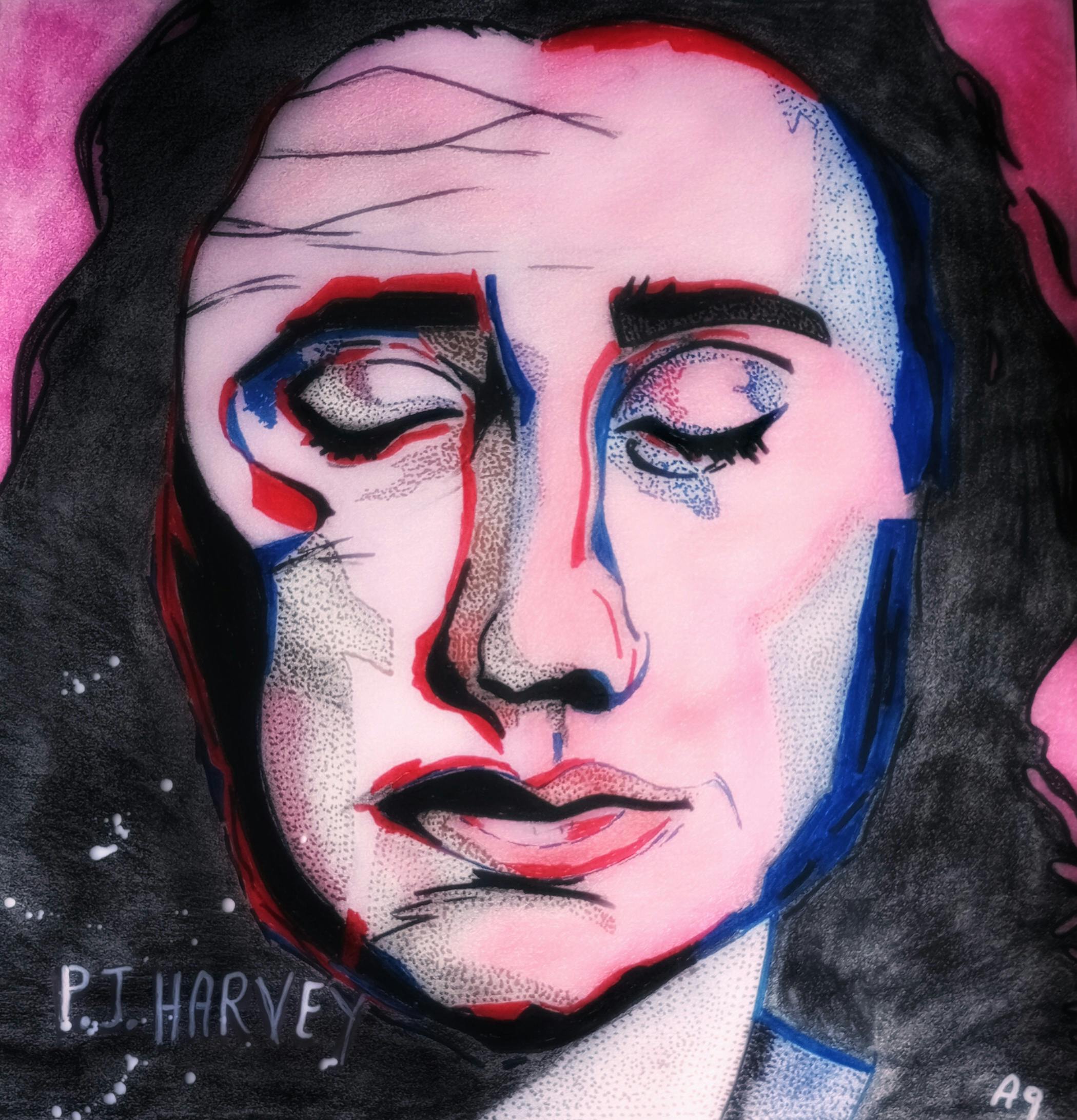 Un ritratto illustrato di P.J. Harvey con gli occhi chiusi, reso in uno stile grafico e pop-art. Il ritratto è principalmente rosa e nero, con audaci contorni rossi e blu. I capelli sono neri e fluenti, mentre il viso ha un'espressione introversa. La firma "P.J. HARVEY" è scarabocchiata in bianco nell'angolo in basso a sinistra.