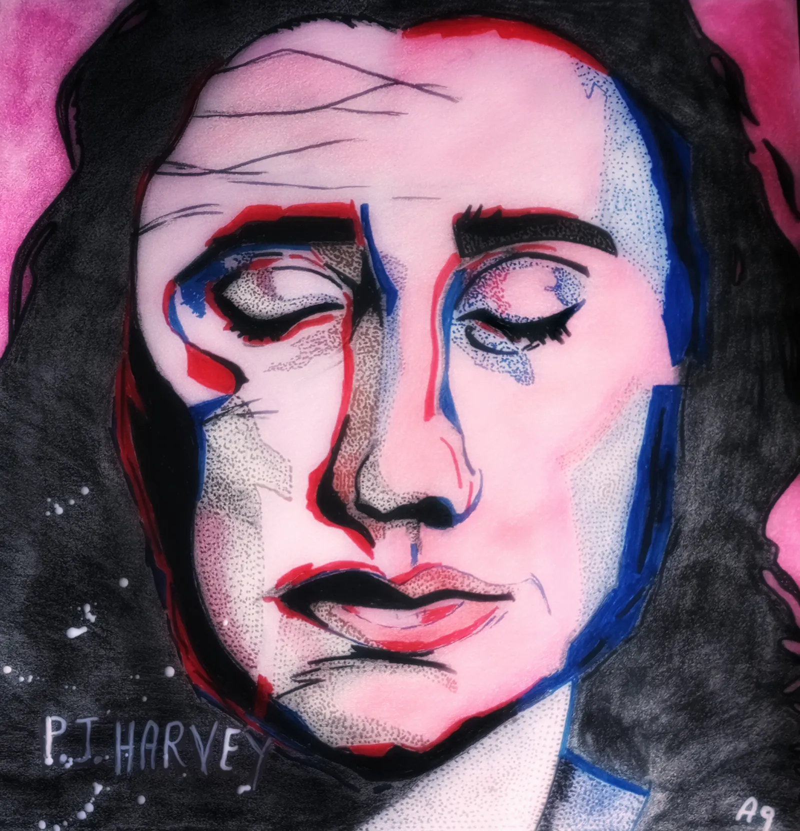 Un ritratto illustrato di P.J. Harvey con gli occhi chiusi, reso in uno stile grafico e pop-art. Il ritratto è principalmente rosa e nero, con audaci contorni rossi e blu. I capelli sono neri e fluenti, mentre il viso ha un'espressione introversa. La firma "P.J. HARVEY" è scarabocchiata in bianco nell'angolo in basso a sinistra.