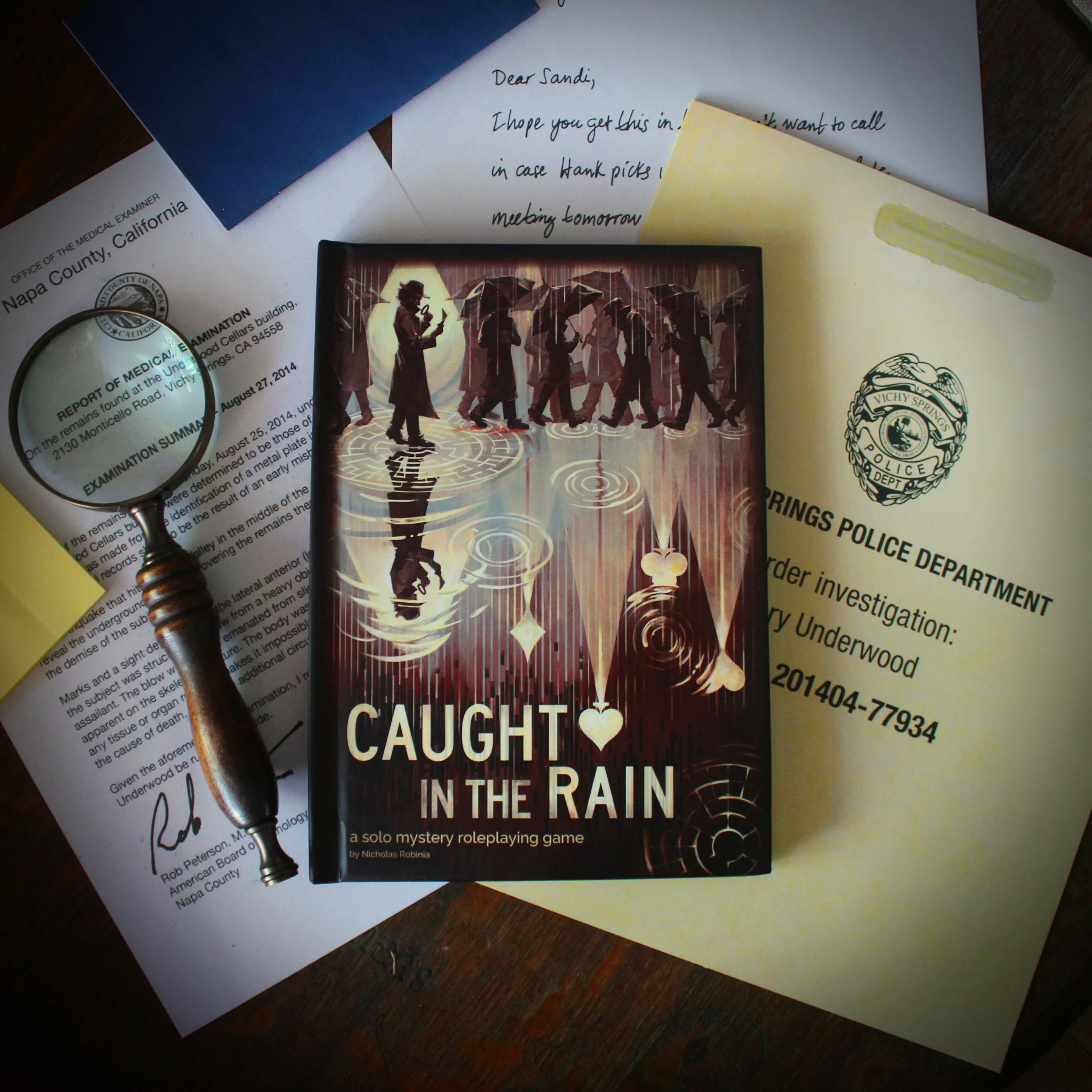 A book cover with an investigator tracking clues in the rain