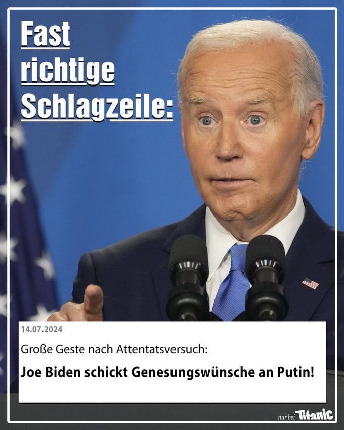 US-Präsident Joe Biden schaut geistesabwesend während desTV-Duells gegen Trump, dazu der Text "Fast richtige Schlagzeile: Große Geste nach Attentatversuch: Joe Biden schickt Genesungswünsche an Putin!"