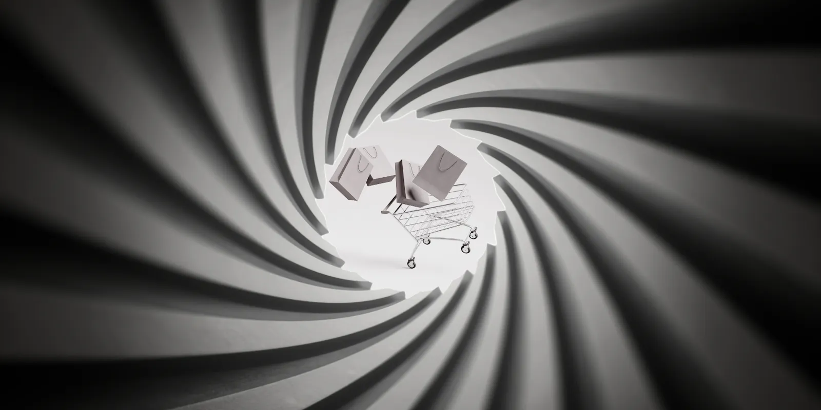 Symbol für Konsum-Rausch:
Eine sogartige Schlucht an dessen Ende sich ein Einkaufswagen befindet, in dem unterschiedliche Einkaufstaschen landen.