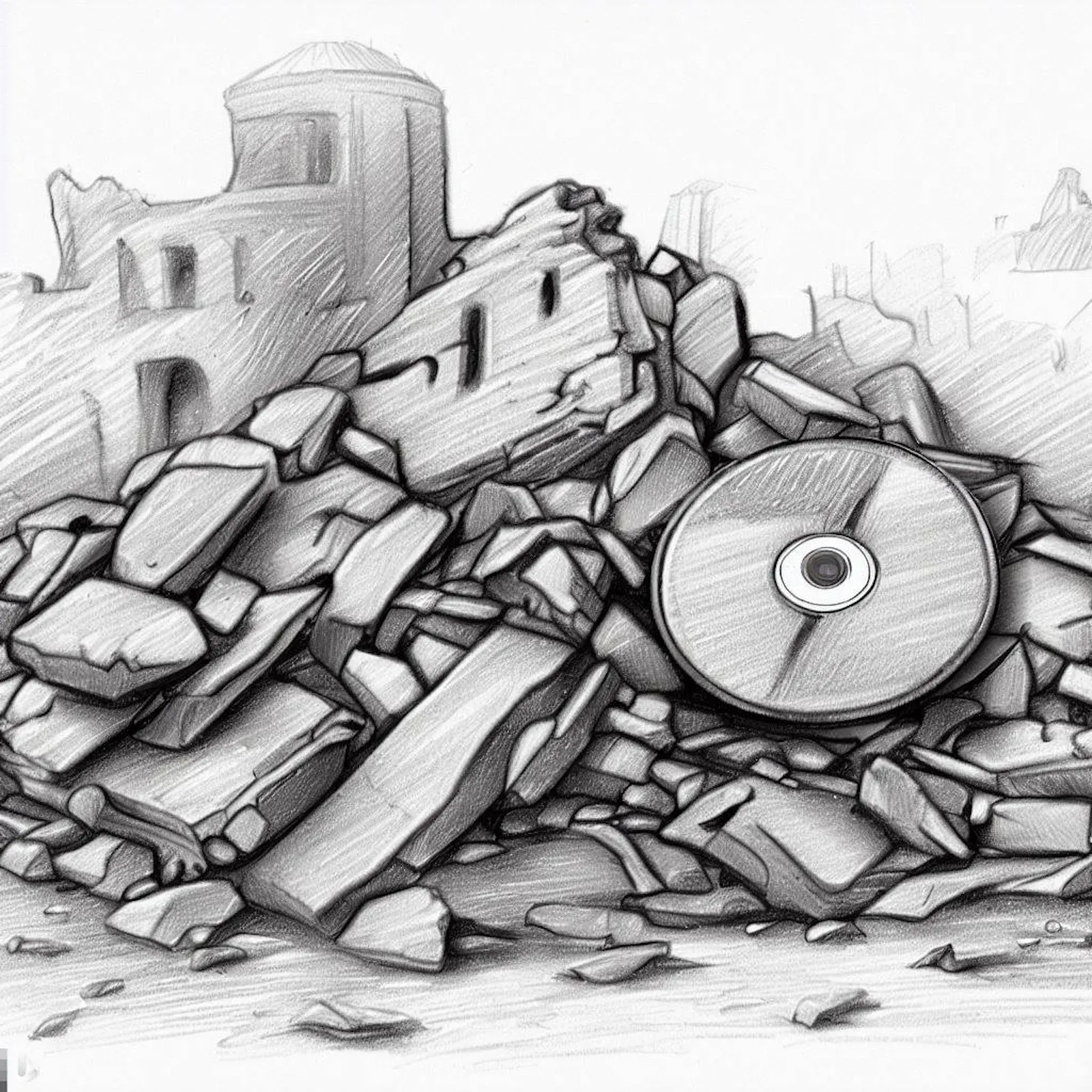 "a dvd among rubble and ruins, archeological pencil sketch"
