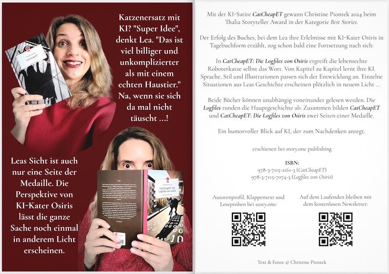 Vorder- und Rückseite einer Postkarte von Christine Piontek zu ihren Büchern "CatCheapET" und "CatCheapET: Die Logfiles von Osiris"