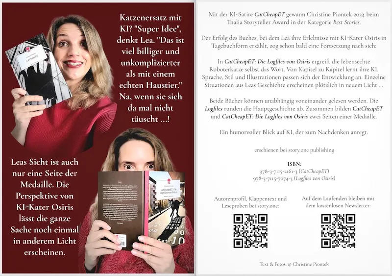 Vorder- und Rückseite einer Postkarte von Christine Piontek zu ihren Büchern "CatCheapET" und "CatCheapET: Die Logfiles von Osiris"